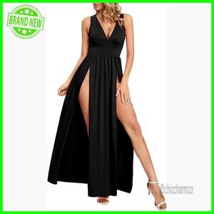 Plus Size Maxi Dress with Double High Slit and Deep V Neck for Party Club